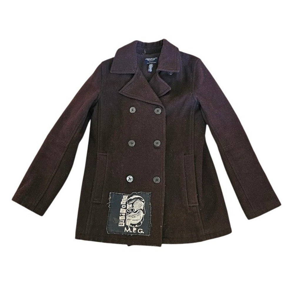 American Eagle Outfitters Wool Pea Coat Men Small Brown Punk Patch Anarchy